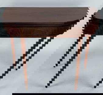 HEPPLEWHITE MAHOGANY CARD TABLE Late 18th Century Height 28". Width 34.75". Depth 17".: HEPPLEWHITE MAHOGANY CARD TABLELate 18th CenturyFruitwood string inlay.Height 28". Width 34.75". Depth 17".