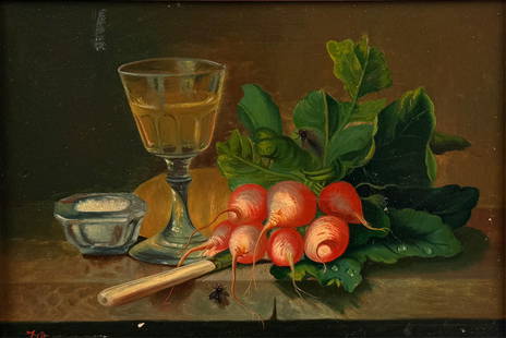 AMERICAN SCHOOL (Late 19th Century,), Still life of a cordial glass and bunch of radishes., Oil on: AMERICAN SCHOOLLate 19th CenturyStill life of a cordial glass and bunch of radishes. Signed lower right "J. Biggs".Oil on board, 8" x 12". Framed 11" x 15".