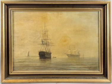 AMERICAN OR ENGLISH SCHOOL (19th Century,), Ship at anchor., Oil on canvas, 17.5" x 26". Framed.