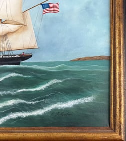 EVELYN DUBIEL (America, 1922-2019), Portrait of an American three-masted ship., Oil on canvas, 18" x