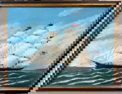 EVELYN DUBIEL (America, 1922-2019), Portrait of an American three-masted ship., Oil on canvas, 18" x: EVELYN DUBIELAmerica, 1922-2019Portrait of an American three-masted ship. Signed lower right "E. L. Dubiel".Oil on canvas, 18" x 24". Framed 20.5" x 27.5".