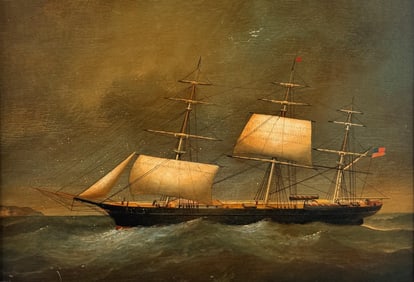 AMERICAN SCHOOL (20th Century,), Three-masted ship at sea., Oil on panel, 14" x 20". Framed 18.5" x