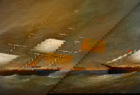 AMERICAN SCHOOL (20th Century,), Three-masted ship at sea., Oil on panel, 14" x 20". Framed 18.5" x: AMERICAN SCHOOL20th CenturyThree-masted ship at sea. Unsigned.Oil on panel, 14" x 20". Framed 18.5" x 24.5".
