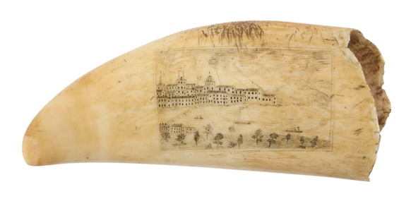 SCRIMSHAW WHALE'S TOOTH WITH WHALING AND CITY SCENES Mid-19th Century Length 6.25".