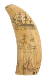 SCRIMSHAW WHALE'S TOOTH WITH VIEWS OF SAILING VESSELS 19th Century Length 6.75".