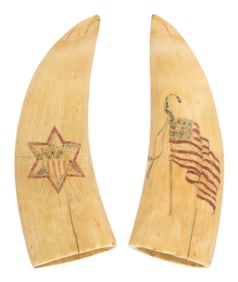 PAIR OF POLYCHROME SCRIMSHAW WHALE'S TEETH ATTRIBUTED TO THE STAR ENGRAVER 19th Century Lengths