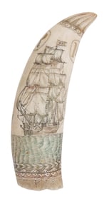 POLYCHROME SCRIMSHAW WHALE'S TOOTH WITH SHIP PORTRAIT 19th Century Length 5.5".