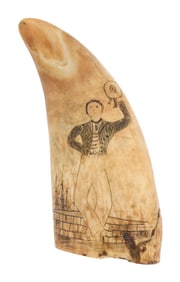 SCRIMSHAW WHALE'S TOOTH DEPICTING A SAILOR WAVING HIS HAT Mid-19th Century Tooth height 3.5".