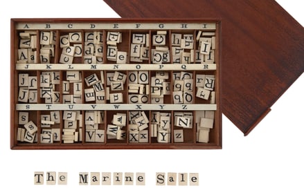 CASED SET OF ALPHABET TILES Second Half of the 19th Century Case height 1.5". Length 11.25". Width