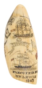 POLYCHROME SCRIMSHAW WHALE'S TOOTH SIGNED AND DATED "G.W. LEWIS 1849" Mid-19th Century Length 7.5".