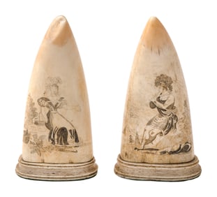 PAIR OF SCRIMSHAW WHALE'S TEETH WITH FIGURAL PORTRAITS 19th Century Lengths 6.25".