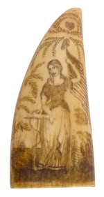 SCRIMSHAW WHALE'S TOOTH WITH PORTRAIT OF HOPE AND A SHIP 19th Century Length 5.25".
