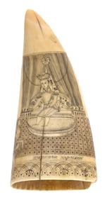 POLYCHROME SCRIMSHAW WHALE'S TOOTH BY LEMUEL F. RICH 19th Century Length 5".