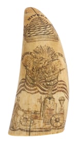 SCRIMSHAW WHALE'S TOOTH WITH IMAGE OF AN EARLY STEAM FIRE ENGINE 19th Century Length 7".