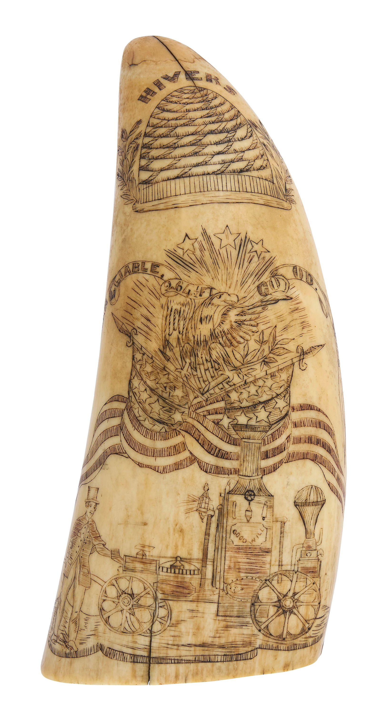 SCRIMSHAW WHALE'S TOOTH WITH IMAGE OF AN EARLY STEAM FIRE ENGINE 19th Century Length 7".: SCRIMSHAW WHALE'S TOOTH WITH IMAGE OF AN EARLY STEAM FIRE ENGINE19th CenturyA unique conglomeration of images, including the "Good Will" engine at base and a man in a top hat standing beside it. "Hive