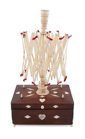 POLYCHROME SCRIMSHAW "LOVE" SEWING BOX AND SWIFT America, Mid-19th Century Total height 25". Swift