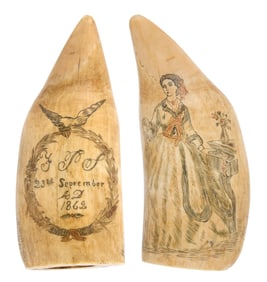 PAIR OF POLYCHROME SCRIMSHAW WHALE'S TEETH DATED 1862 Lengths 7".