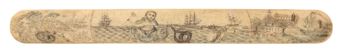 DOUBLE-SIDED POLYCHROME SCRIMSHAW WHALEBONE BUSK 19th Century Length 13.25".