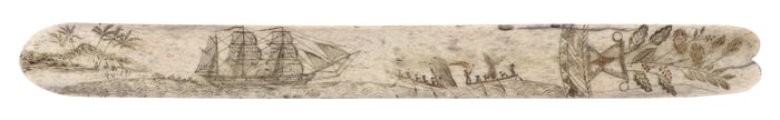 DOUBLE-SIDED POLYCHROME SCRIMSHAW WHALEBONE BUSK 19th Century Length 12.5".