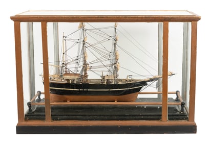 CASED MODEL OF THE WHALING BARK "WANDERER" OF NEW BEDFORD Circa 1895 Case height 24". Length 37.5".