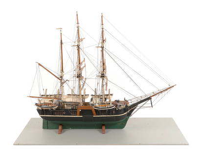 MODEL OF THE WHALING BARK "SUNBEAM" 20th Century Height approx. 32". Length approx. 45". Width: MODEL OF THE WHALING BARK "SUNBEAM"20th CenturyBeautifully made and appointed, including the whaleboats on davits.Height approx. 32". Length approx. 45". Width approx. 17.75".Provenance:Deaccessioned
