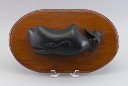 ROBERT W. SANDSBURY CARVED WHALE PLAQUE Nantucket, 20th Century Backboard 8" x 13.75".