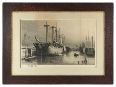 LEMUEL D. ELDRED (Massachusetts, 1848-1921), Whaler being refitted., Etching, 19.75" x 31.5" sight.