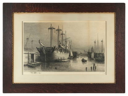 LEMUEL D. ELDRED (Massachusetts, 1848-1921), Whaler being refitted., Etching, 19.75" x 31.5" sight.: LEMUEL D. ELDREDMassachusetts, 1848-1921Whaler being refitted. Remarque lower left margin of whaling implements. Signed lower right "L.D. Eldred".Etching, 19.75" x 31.5" sight. Framed 33" x 44.5". Pro