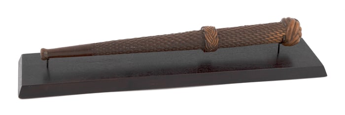 RARE WHALEMAN-CARVED "FIJIAN CLUB" Circa 1870 Length 15.5". With a custom wooden stand, length