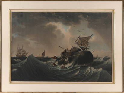 AFTER AMBROISE LOUIS GARNERAY (France, 1783-1857), "P?che du Cachalot", 1835., Hand-colored: AFTER AMBROISE LOUIS GARNERAYFrance, 1783-1857"P?che du Cachalot", 1835. Marked "Garneray pinx" and "Martens sculpt".Hand-colored lithograph, 22" x 31". Framed 29" x 38".