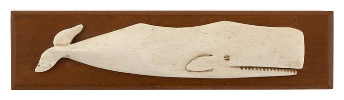 * CARVED WHALEBONE SPERM WHALE PLAQUE, Backboard 2.75" x 11".