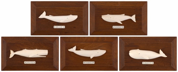 * SET OF FIVE ALETHA MACY WHALE PLAQUES Nantucket, Circa 1968 Boards 4.5" x 7.5".