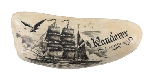 * FRANK BARCELOS ENGRAVED WHALE'S TOOTH New Bedford, 1926-1993 Length 6.5".