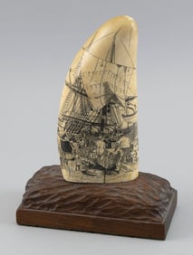* ENGRAVED WHALE'S TOOTH "FITTING OUT" 20th Century Total height 8".