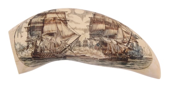 * MICHAEL VIENNEAU POLYCHROME ENGRAVED WHALE'S TOOTH Nantucket, Contemporary Length 6.5".