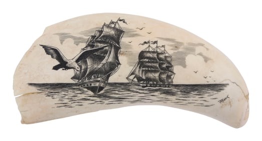 * FRANK BARCELOS ENGRAVED WHALE'S TOOTH New Bedford, 1926-1993 Length 6".