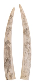 PAIR OF SCRIMSHAW WALRUS TUSKS WITH PORTRAITS OF WOMEN 19th Century Lengths 12.25" and 12.75".