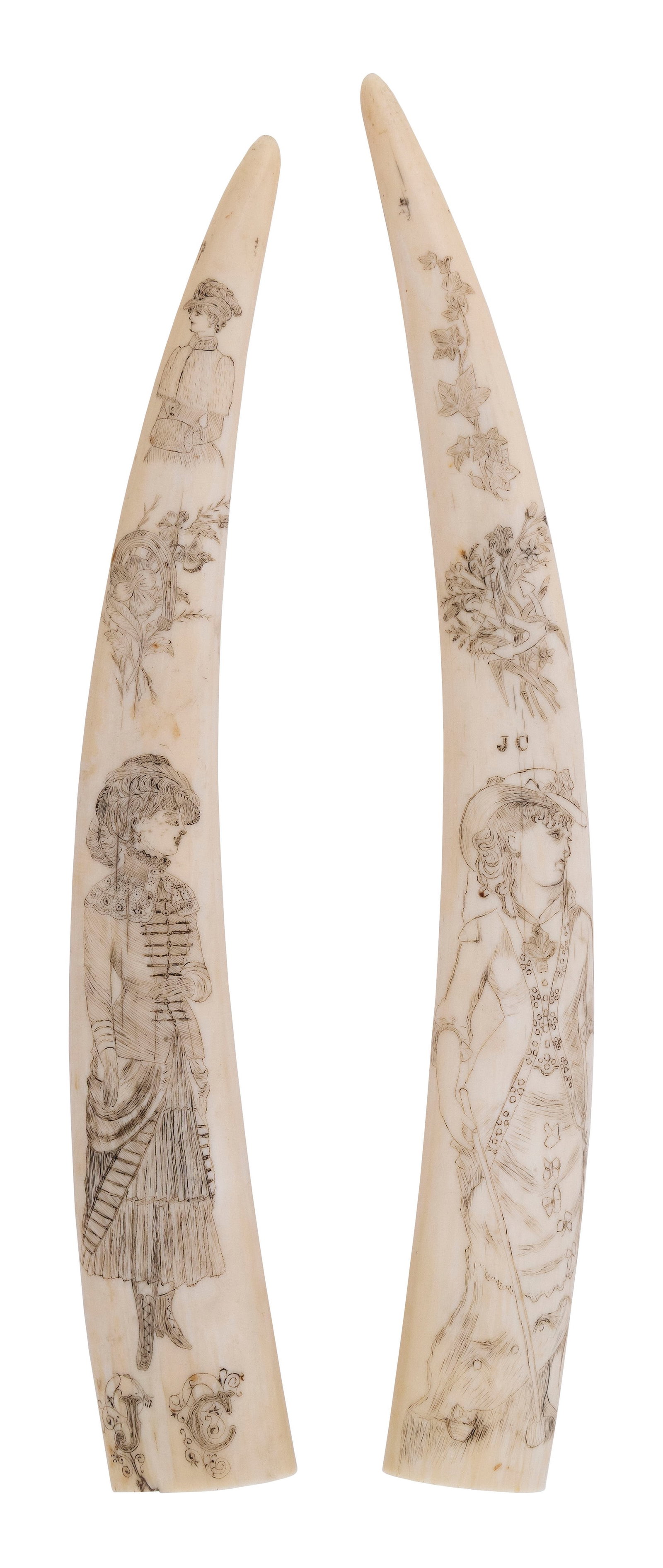 PAIR OF SCRIMSHAW WALRUS TUSKS WITH PORTRAITS OF WOMEN 19th Century Lengths 12.25" and 12.75".: PAIR OF SCRIMSHAW WALRUS TUSKS WITH PORTRAITS OF WOMEN 19th Century Both with floral devices and full-length portraits of fashionably dressed women, one of whom is playing croquet. One with a half-len