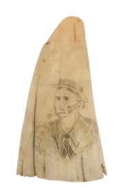SCRIMSHAW WHALE'S TOOTH WITH PORTRAIT OF A SAILOR 19th Century Length 3".