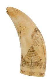 SCRIMSHAW WHALE'S TOOTH DEPICTING A GRASS-ROOFED HUT 19th Century Length 3.75".