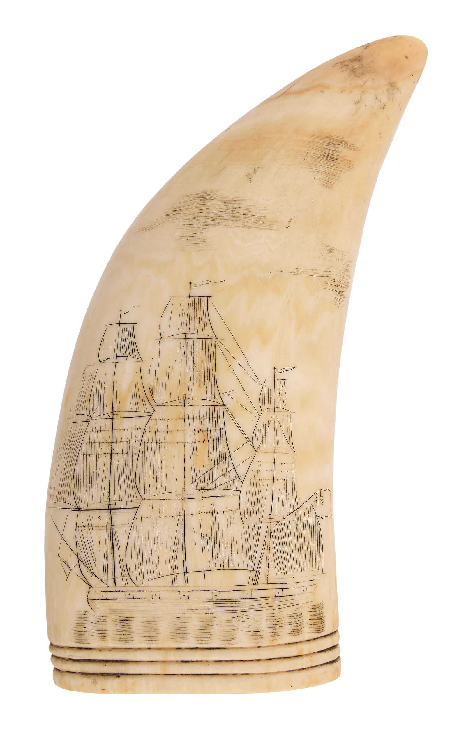 SCRIMSHAW WHALE'S TOOTH 19th Century Length 5.5".: SCRIMSHAW WHALE'S TOOTH19th CenturyObverse depicts a three-masted ship under sail, flying pennants and a British flag. Reverse depicts a potted plant. Three deeply incised bands encircle base.Length 5