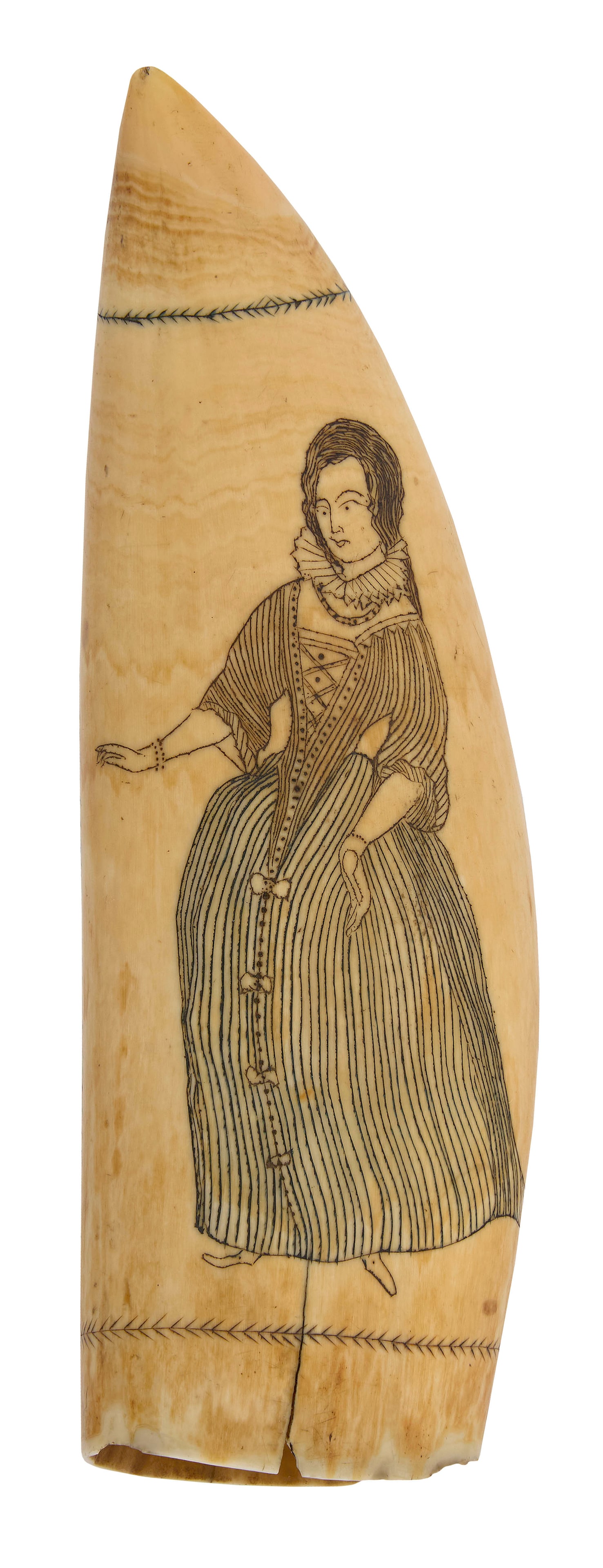 SCRIMSHAW WHALE'S TOOTH WITH PORTRAIT OF A WOMAN 19th Century Length 6.25".: SCRIMSHAW WHALE'S TOOTH WITH PORTRAIT OF A WOMAN 19th Century Full-length view of a woman, possibly an actress, wearing an Elizabethan collar and a striped corseted dress, standing with her arms outst