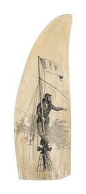 * ENGRAVED WHALE'S TOOTH DEPICTING A SAILOR ON WATCH 20th Century Length 7.25".