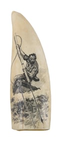 * ENGRAVED WHALE'S TOOTH DEPICTING A HARPOONER 20th Century Length 7.25".