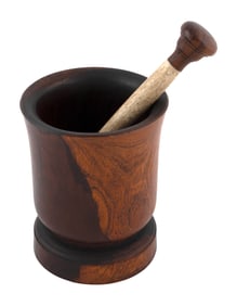 LIGNUM VITAE MORTAR WITH PESTLE 19th Century Mortar height 7.25". Pestle length 9".