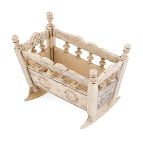 SCRIMSHAW WHALEBONE MINIATURE CRADLE 19th Century Length 5".