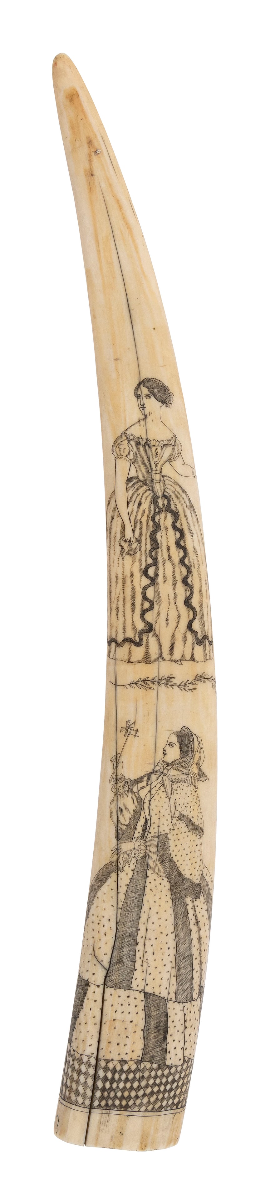 SCRIMSHAW WALRUS TUSK WITH FIGURAL PORTRAITS 19th Century Length 19.5".: SCRIMSHAW WALRUS TUSK WITH FIGURAL PORTRAITS 19th Century Obverse depicts two nicely rendered full-length portraits of elegant women. Reverse depicts a young girl jumping rope on top of a column. Leng