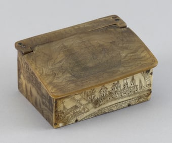 SCRIMSHAW WHALEBONE AND STEER HORN MINIATURE ACCOUNTANT'S DESK 19th Century Height 2.125". Width