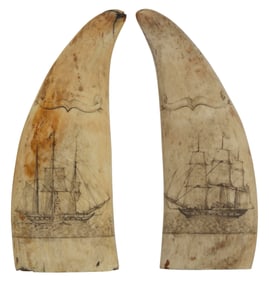 PAIR OF SCRIMSHAW WHALE'S TEETH WITH WHALING SCENES Mid-19th Century Lengths 6.88".