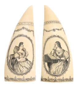 PAIR OF BANKNOTE ENGRAVER POLYCHROME SCRIMSHAW WHALE'S TEETH Circa 1845 Lengths 7.25".